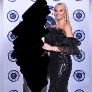 Badgley Mischka Organza Ruffle Off-Shoulder Sequin Gown